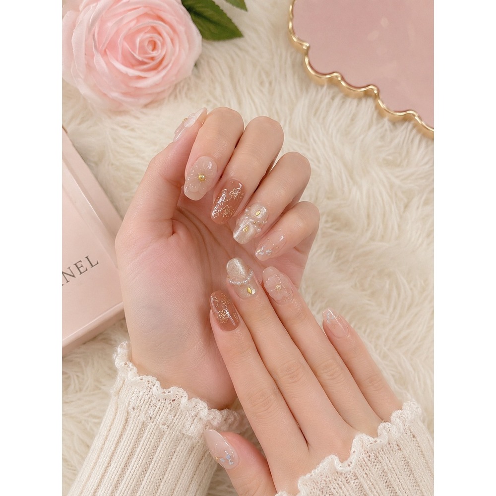 NAIALART Press On Nails Womens XS Nude Brown New 3D Floral Pearl Almond Coffin
